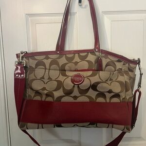 Vintage COACH KHAKI SIGNATURE RED STRIPE XL TOTE HANDBAG